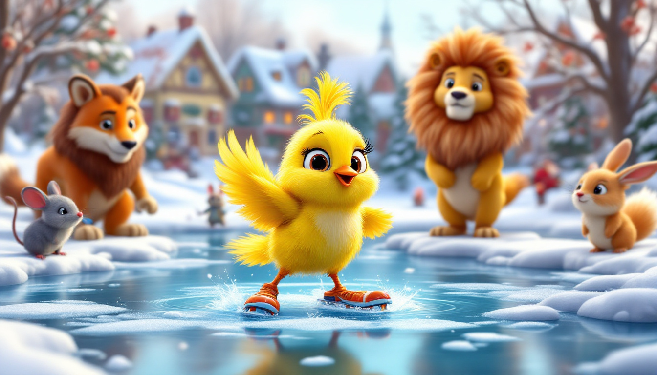 A cheerful canary bird named Malimbi with a golden yellow feather, skating on a frozen pond surrounded by animal friends like a clever field mouse, a curious fox, a brave lion, and a lively rabbit, all enjoying a beautiful winter day in a colorful snowy village, genre: animal story