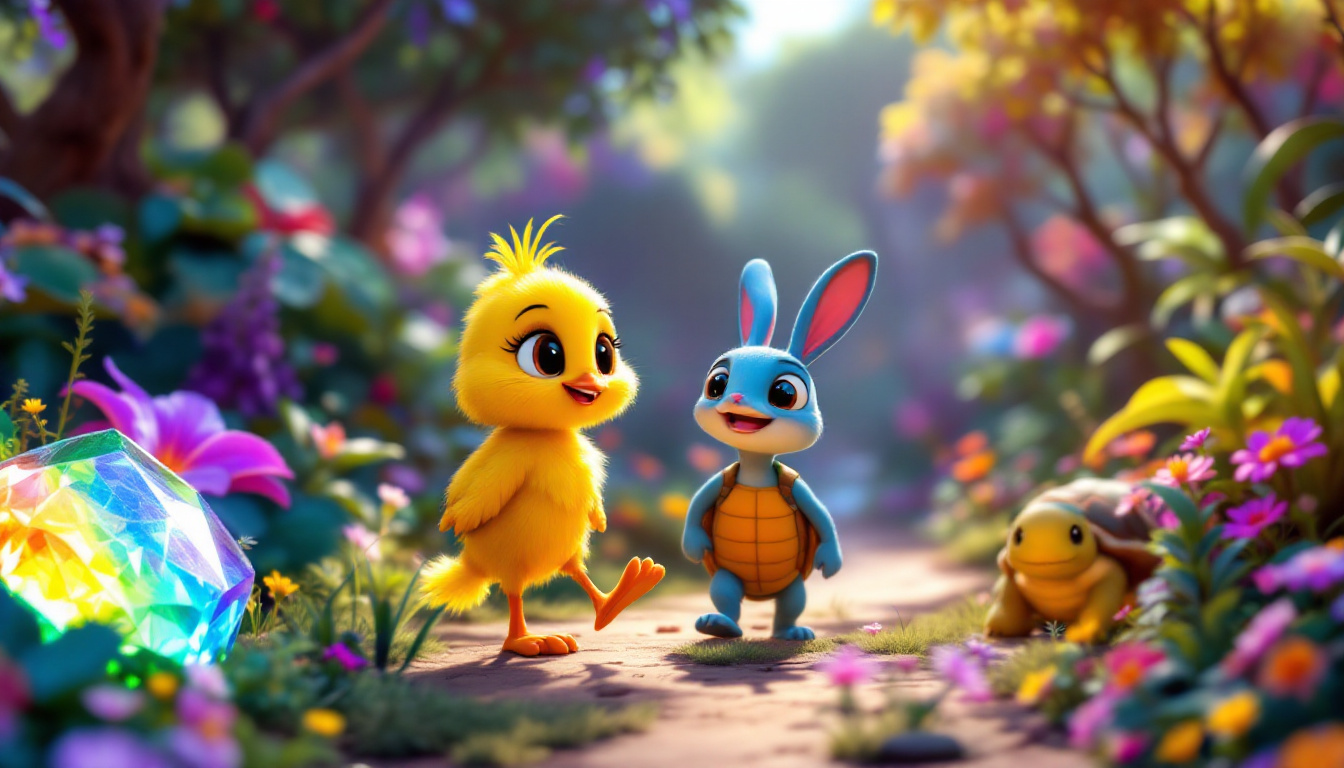 A cheerful canary named Malimbi exploring a vibrant, colorful forest with his friends, a clever rabbit named Max and a curious turtle named Tine, on an exciting safari adventure. The scene includes a sparkling rainbow-colored stone and a beautiful collection of flowers and trees.