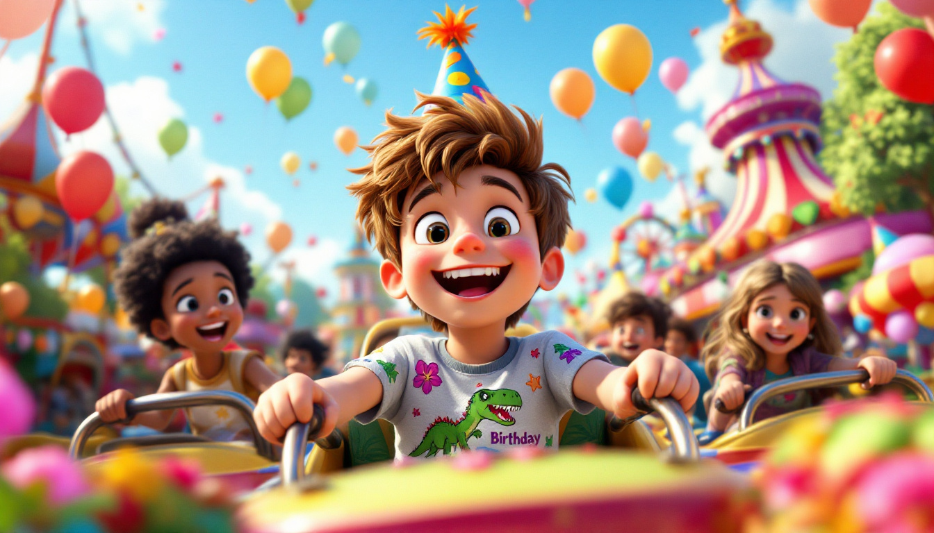 A joyful birthday celebration in an amusement park, featuring Paul with his dinosaur t-shirt, enjoying rides with friends, colorful balloons, and a magical atmosphere.