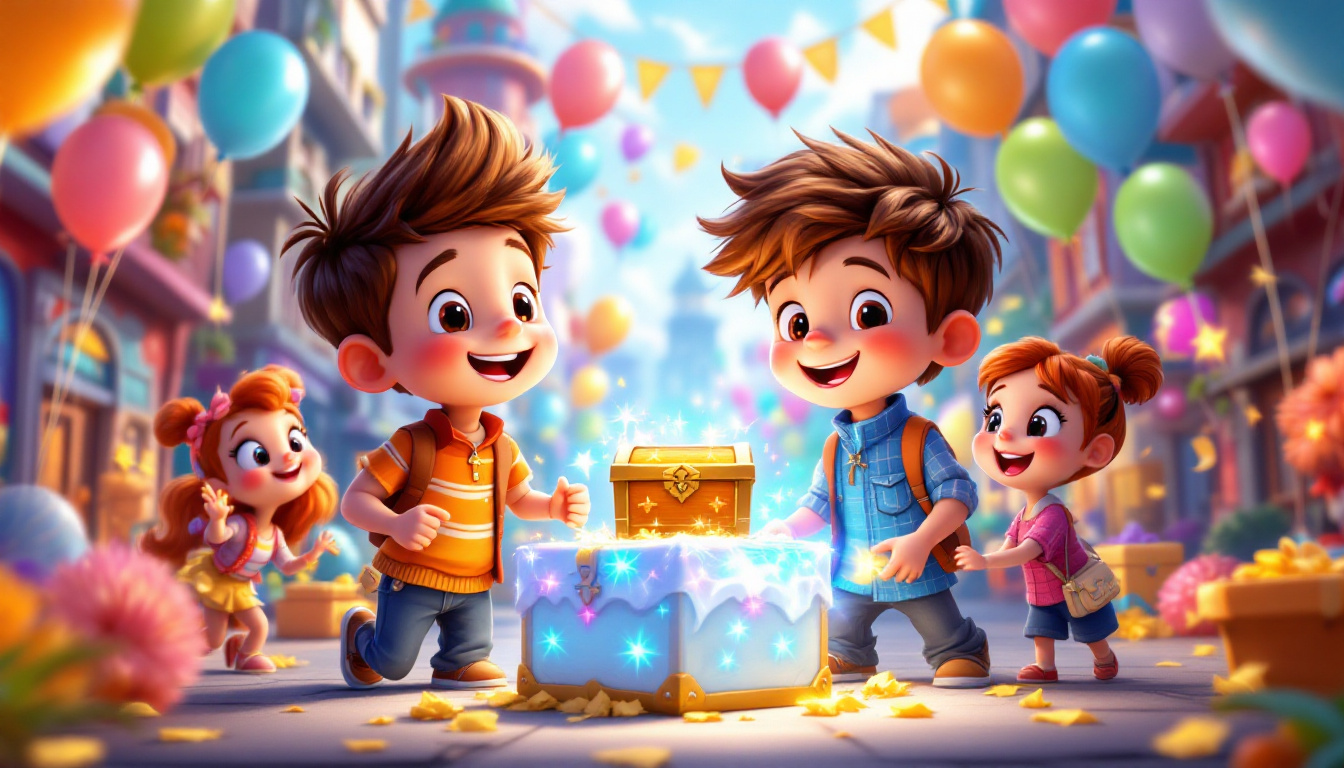 A colorful birthday scene with a cheerful boy named Max and his friends on a treasure hunt in a vibrant city, surrounded by balloons and a sparkling treasure chest.