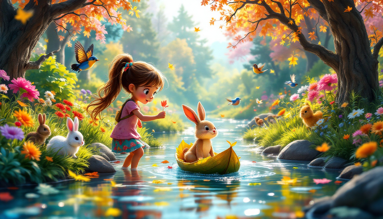 A young girl exploring a colorful forest, encountering animals like rabbits and birds, and making a leaf boat in a sparkling stream, depicting a fun and adventurous day in nature.