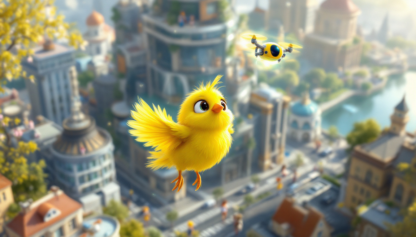 A bright yellow canary named Malimbi flying over a modern city, assisting people with technology, such as a small flying robot and a glowing drone, in a whimsical fairytale setting.