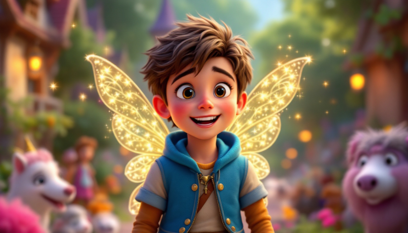 A young boy named Maggie Märchenglanz with sparkling fairy wings, helping characters in a fairy tale land, transforming sad endings into happy ones, colorful and magical atmosphere, classic fairy tale genre.