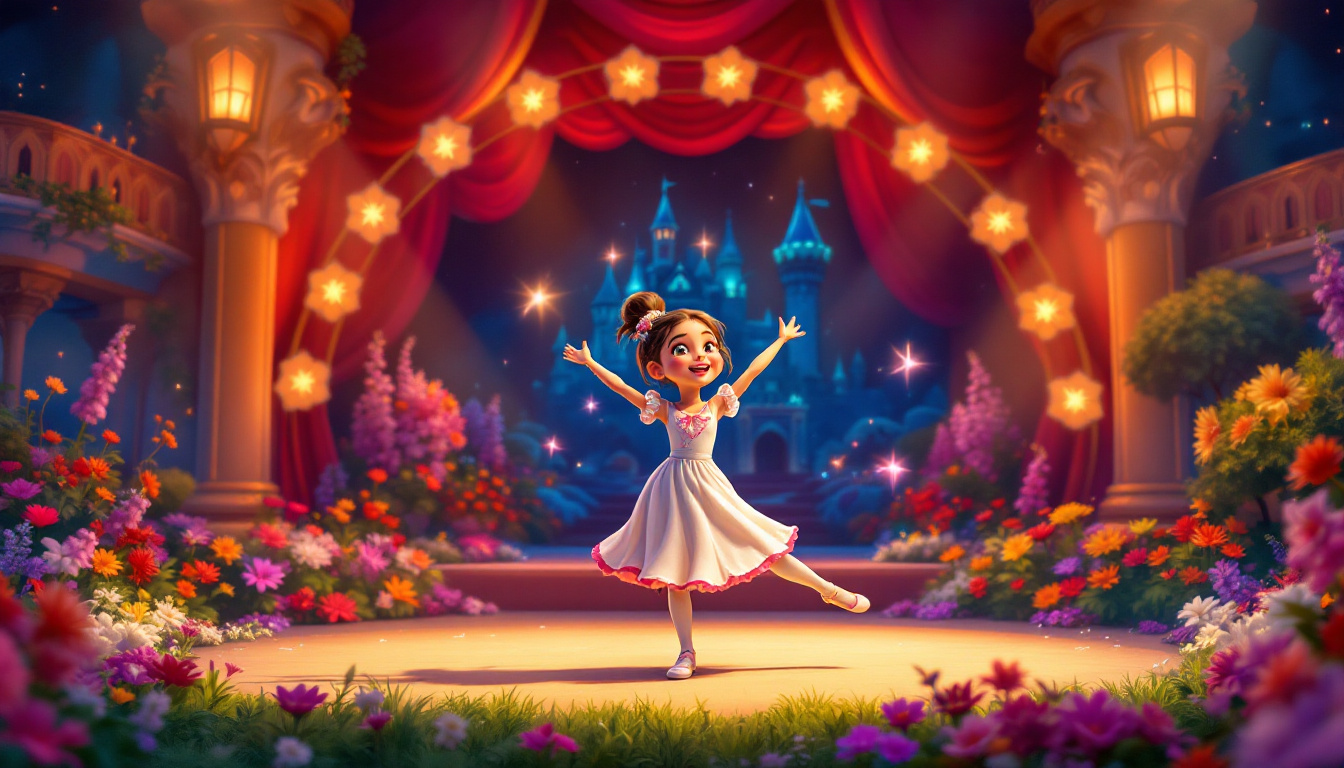 A charming illustration of a young girl named Nicole dancing on a vivid stage in a magical kingdom, with colorful flowers and a shining castle in the background, showcasing her determination and joy as she performs.