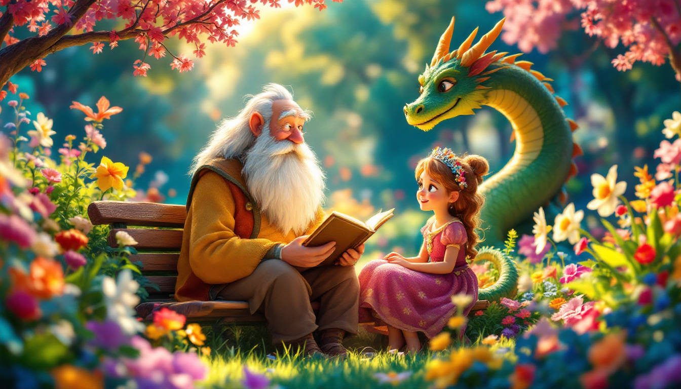 An illustration of an old man named Jakob with a long white beard sitting on a bench in a colorful garden, telling exciting stories to his young granddaughter Sofia, featuring magical elements like a friendly dragon and adventures in a whimsical kingdom.