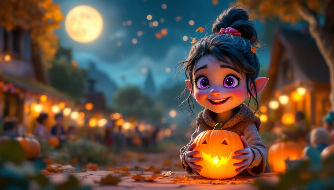A cheerful young vampire girl named Lina, with bright lilac eyes and a friendly smile, happily making pumpkin lanterns with children at a harvest festival in a small village, against a backdrop of a full moon and a bright starry sky, in a whimsical and colorful style.