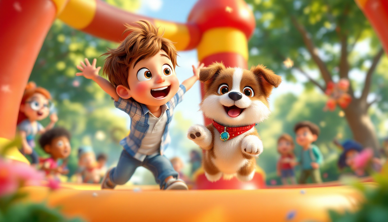 Tim, a 4-year-old boy with brown hair, and his fluffy dog Bello, a brown and white puppy, playing excitement in the park with a group of children. They are jumping in a bouncy castle, surrounded by a beautiful sunny day.