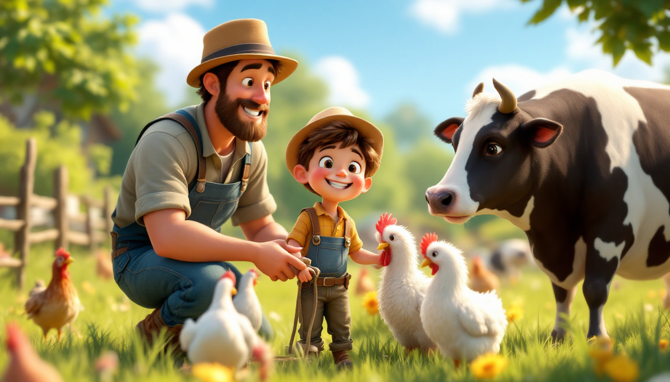 A cheerful boy named Jonas helping his father on a farm, milking cows and feeding chickens, sunny day, enjoying teamwork, joyful and lively atmosphere.