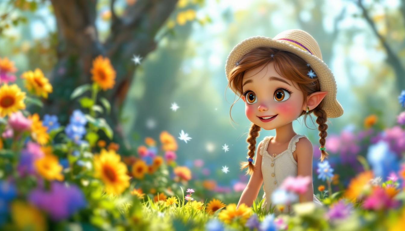 A young girl named Lina exploring the magical world of fairies and elves, celebrating the wonders of spring, summer, autumn, and winter with colorful flowers, sunflowers, autumn leaves, and snowflakes, in a whimsical, enchanting forest setting.