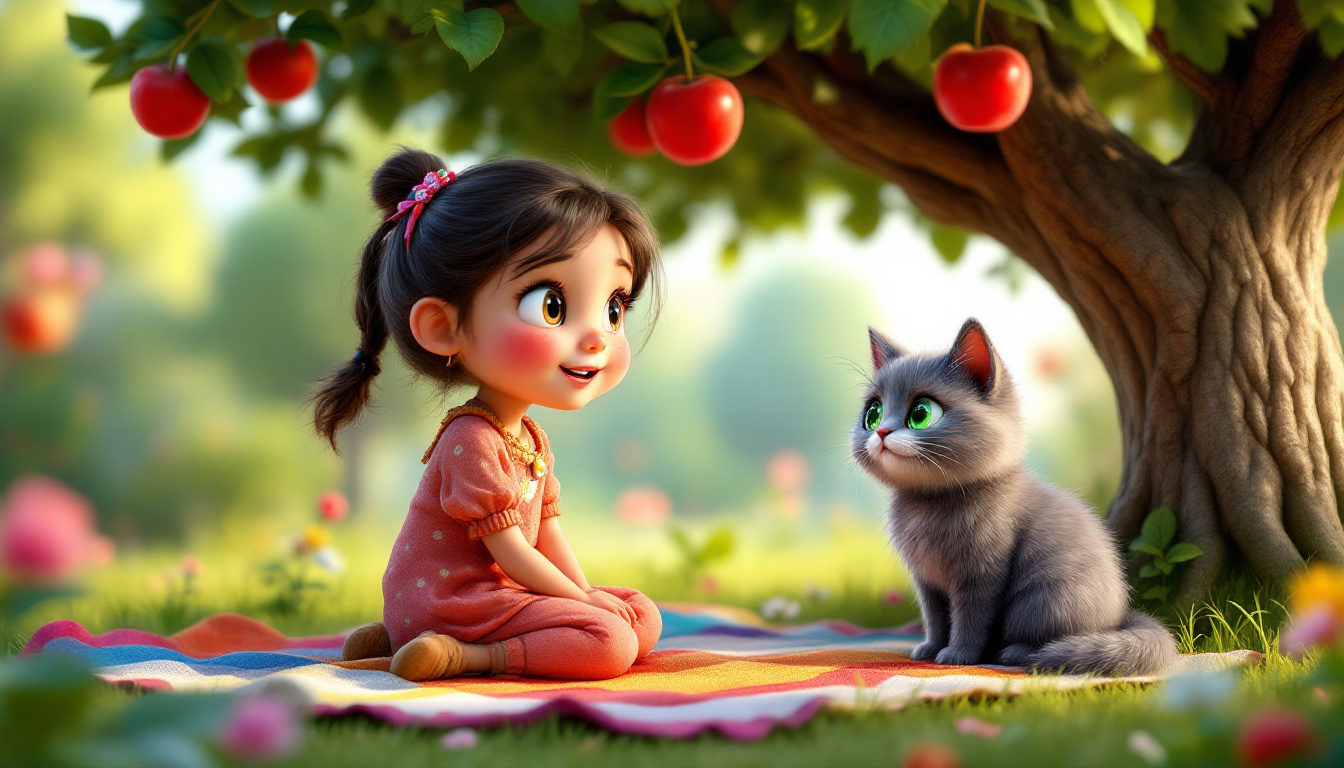 A little girl named Marie with rosy cheeks, sitting on a colorful blanket under a large apple tree in her magical garden, talking to her fluffy gray cat Miez with sparkling green eyes; fantasy style, vibrant colors, whimsical elements.
