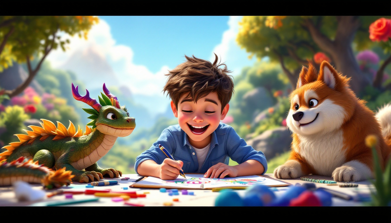 A young boy named Jonas joyfully drawing in his colorful sketchbook, surrounded by a magical dragon named Drago and a playful dog named Wuffi, as they prepare to embark on a whimsical adventure together in a dreamy landscape.
