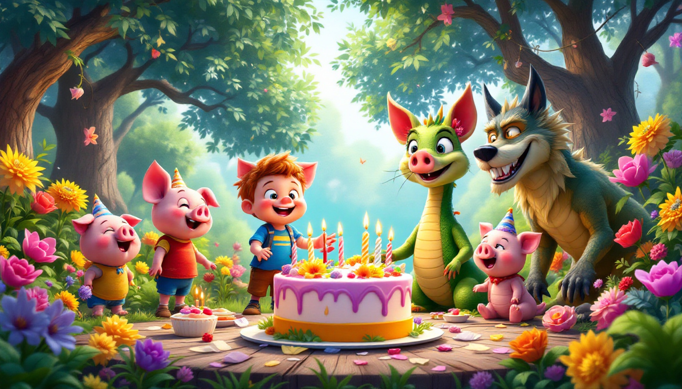 A whimsical birthday party in a magical forest with a happy boy named Tim, three little pigs, a friendly dragon named Drago, and a cheerful big bad wolf. The scene includes a giant colorful cake, vibrant flowers, and festive decorations. Lighthearted and fantasy-themed.