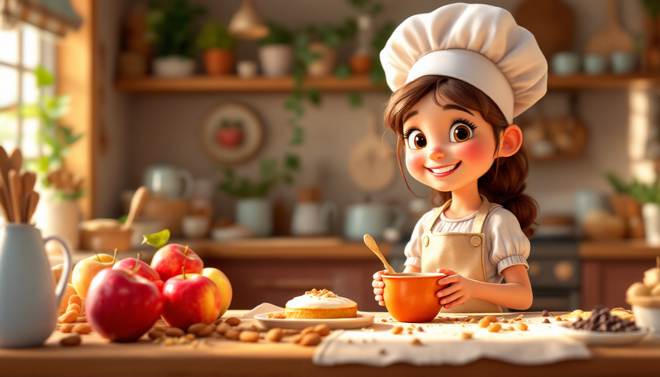 A charming bakery scene with a young girl named Emma, aged 8, wearing an apron and a chef's hat, experimenting in the kitchen, surrounded by fresh apples, almonds, and chocolate chips. The bakery has a warm, inviting atmosphere with delicious baked goods on display, capturing the essence of creativity and joy in baking.