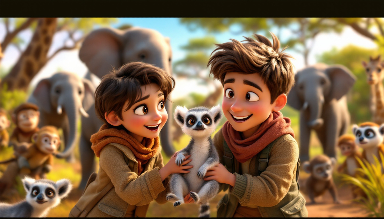 A joyful family named Müller on a safari adventure, finding a lost baby lemur and helping it reunite with its mother; colorful wildlife scene with elephants, giraffes, and playful monkeys in the background, illustrating teamwork and family bonds.