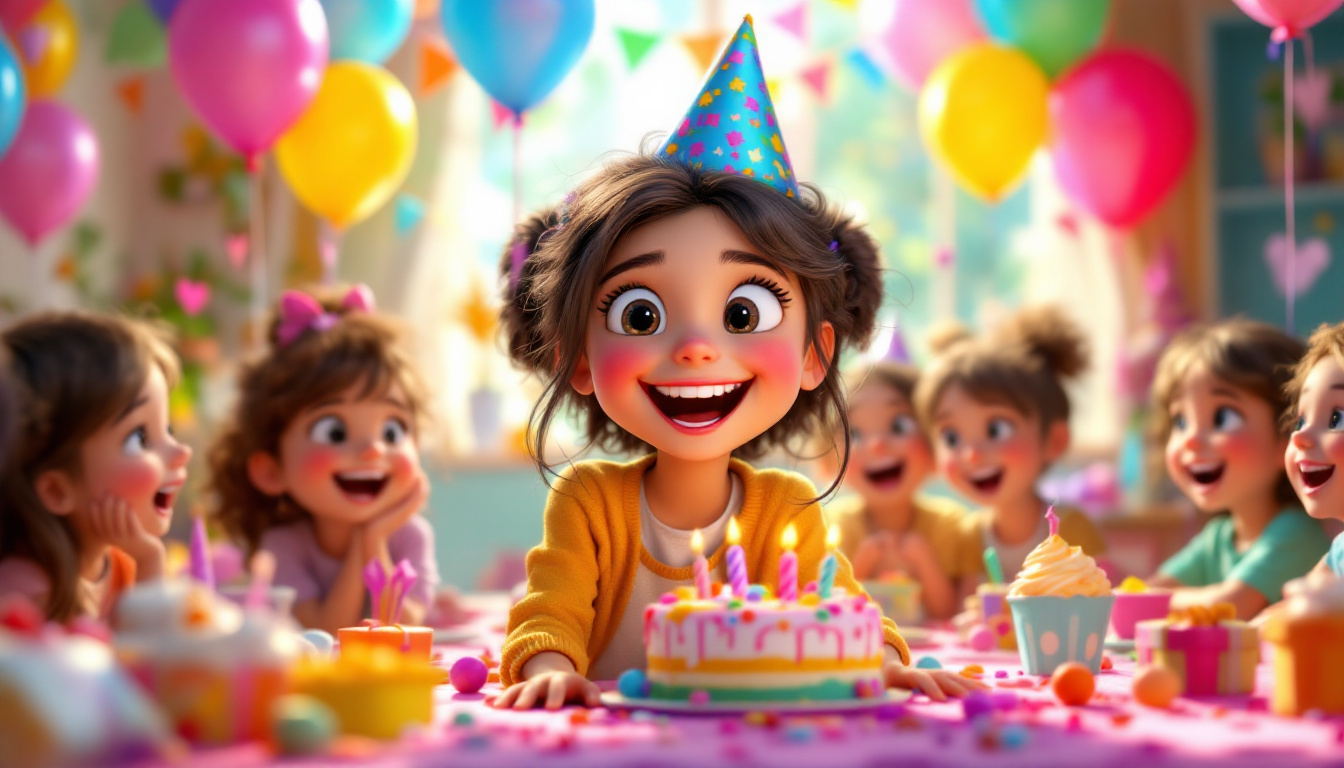 A cheerful girl named Lisa in a colorful room filled with balloons and decorations, excitedly planning a surprise birthday party for her best friend Mia. Bright and playful atmosphere, with a group of children laughing and having fun, capturing the essence of friendship and celebration.