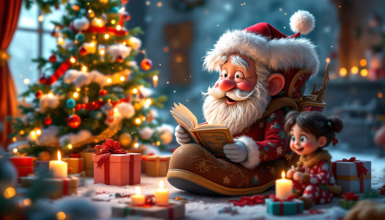 A magical Christmas boot named Bernie, sitting by a colorful Christmas tree, telling stories to excited children in pajama, surrounded by gifts and decorations, with a warm and cozy atmosphere, in a classic fairy tale style.