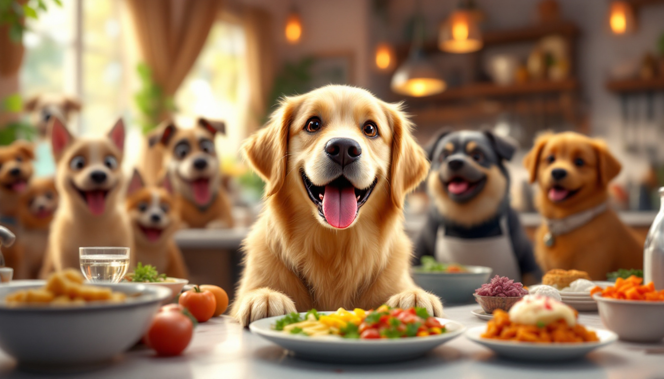A cheerful Golden Retriever named Basil in a gourmet kitchen, tasting dishes like chicken liver tartare with a chef, surrounded by excited dogs in a restaurant setting. The scene is lively and colorful, capturing the joy of cooking for dogs.