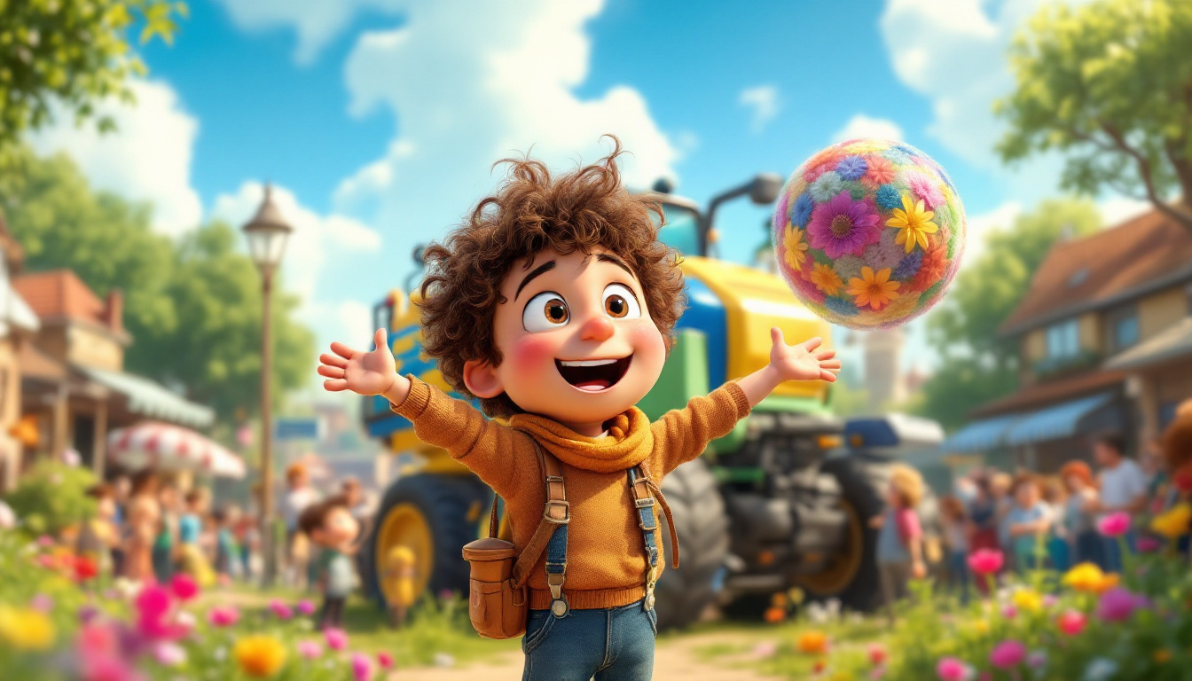 A young boy named Theo Tüftel, with curly hair, proudly presenting his invention 'Umweltfreund', a colorful and massive pollution-cleaning machine, to an amazed crowd in a small town, surrounded by clear blue skies and blooming flowers, in a fun and family-friendly atmosphere.