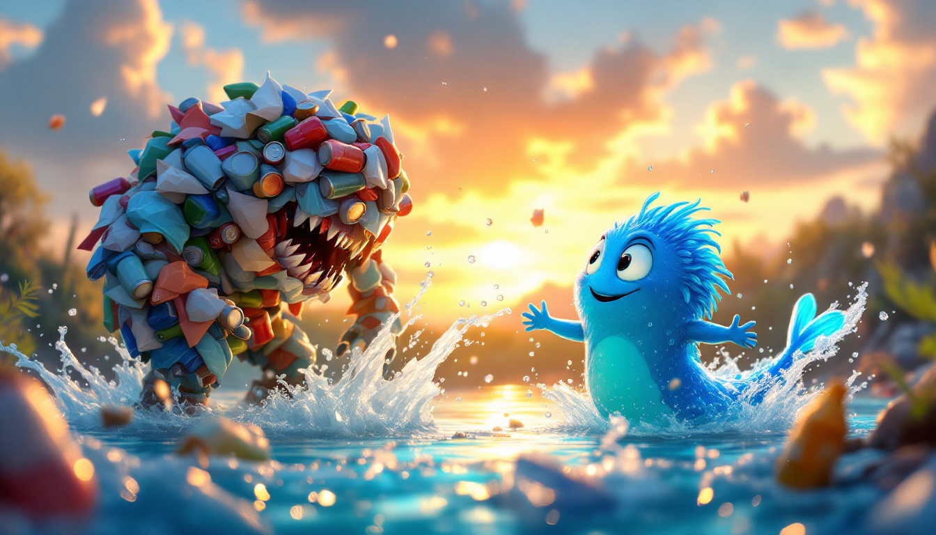 A whimsical water spirit named Blubber with a shimmering blue body, battling a giant trash monster made of crumpled paper, cans, and plastic bottles, in a sparkling river under a sunset sky, illustrating themes of friendship and environmental protection.