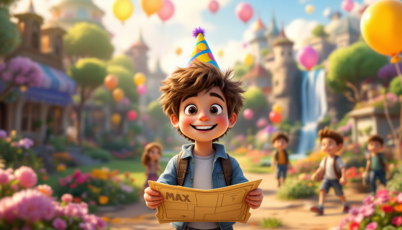 A cheerful 6-year-old boy named Max with brown hair, wearing a colorful party hat, leading his friends (a girl and two boys) on a treasure hunt in a vibrant town with balloons and playful elements. They are exploring the park, flower field, and waterfall, searching for clues on a treasure map.
