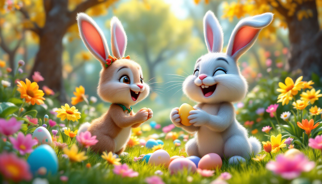 A young rabbit named Hoppela Hopps joyfully meets the Easter Bunny in a colorful forest, surrounded by brightly colored Easter eggs and flowers. They are laughing and working together to hide the eggs in a beautiful, magical setting.