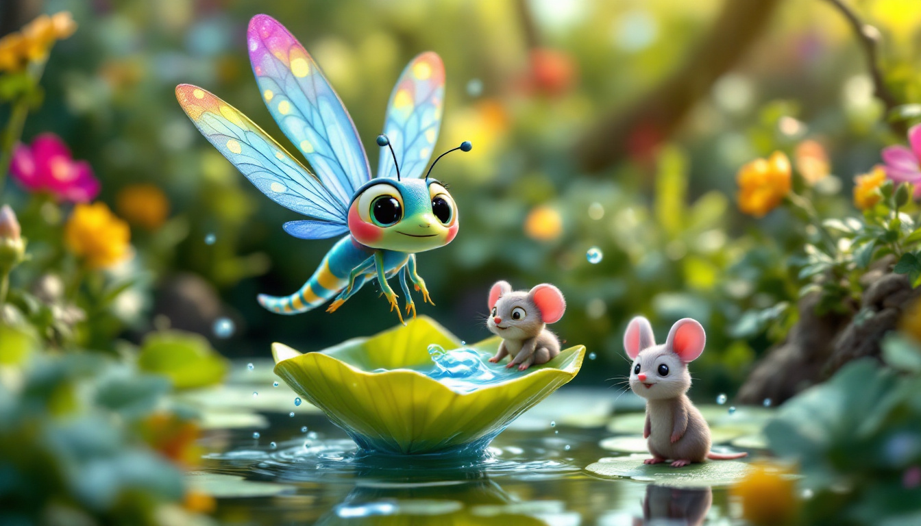 A colorful dragonfly named Lia Leichtflug flying with her friends - a cheerful frog, a clever mouse, and a wise owl, transporting water in large leaves to save their pond from drying up, in a whimsical nature setting, children's story genre.