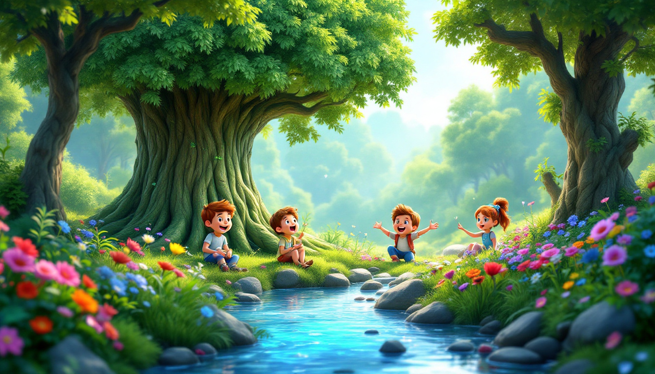 A magical forest scene with Boris Blattgrün, a big wise green tree, surrounded by excited children: Max, Ella, Leo, and Mia. They are learning about nature by a sparkling river and a colorful flower meadow, conveying the themes of friendship and nature protection.