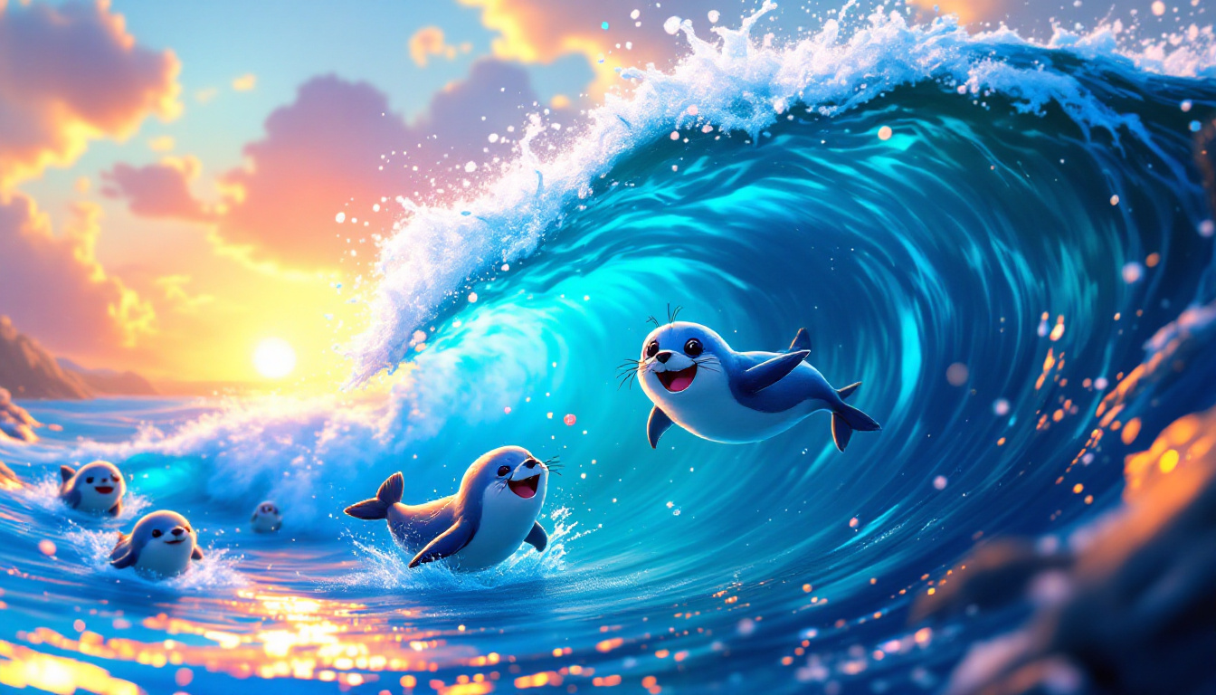 A cute seal named Rika Rutschflosse jumping joyfully over a wave in a sparkling blue ocean, surrounded by playful seal friends, with the sun setting in the background. Genre: Adventure.