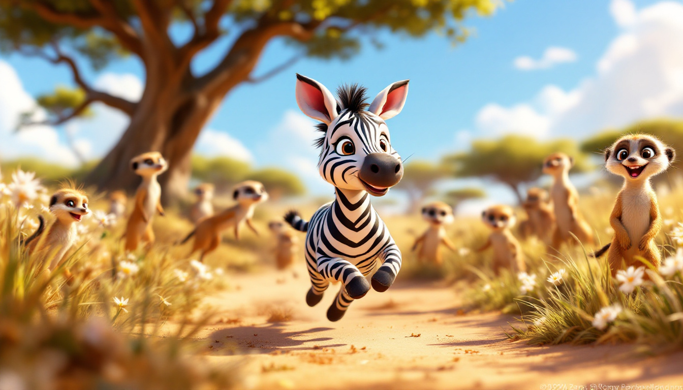 A young zebra named Zara Zickzack with unique zigzag stripes, joyfully running in the savannah with her friends, the meerkats Max and Mia. The scene captures a sunny day with other animals watching and cheering, celebrating Zara's individuality and the beauty of being unique.