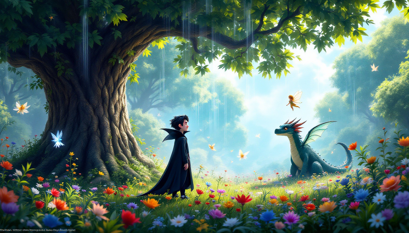 A young vampire named Victor Schattenflügel standing under a large oak tree in a magical forest, with light pouring down from the sky, surrounded by colorful flowers and singing birds, a friendly light fairy named Mira hovering nearby, and a large dragon looking down at them, highlighting the theme of friendship and adventure in a fantasy setting.