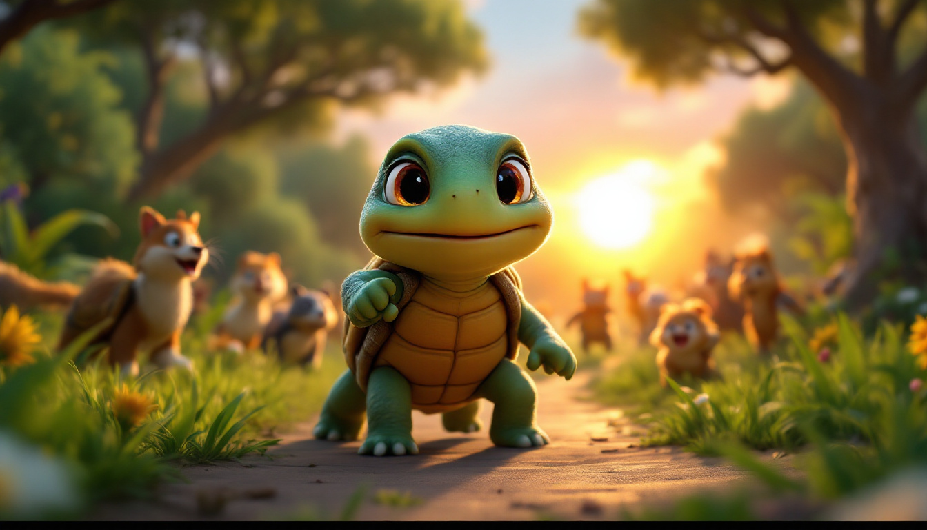 A brave cartoon turtle named Tilda Tempofrei entering a race in a lush green forest, surrounded by excited animal friends, with a sunset in the background. Tilda, determined and happy, shows endurance and confidence as she takes her first steps in the competition.