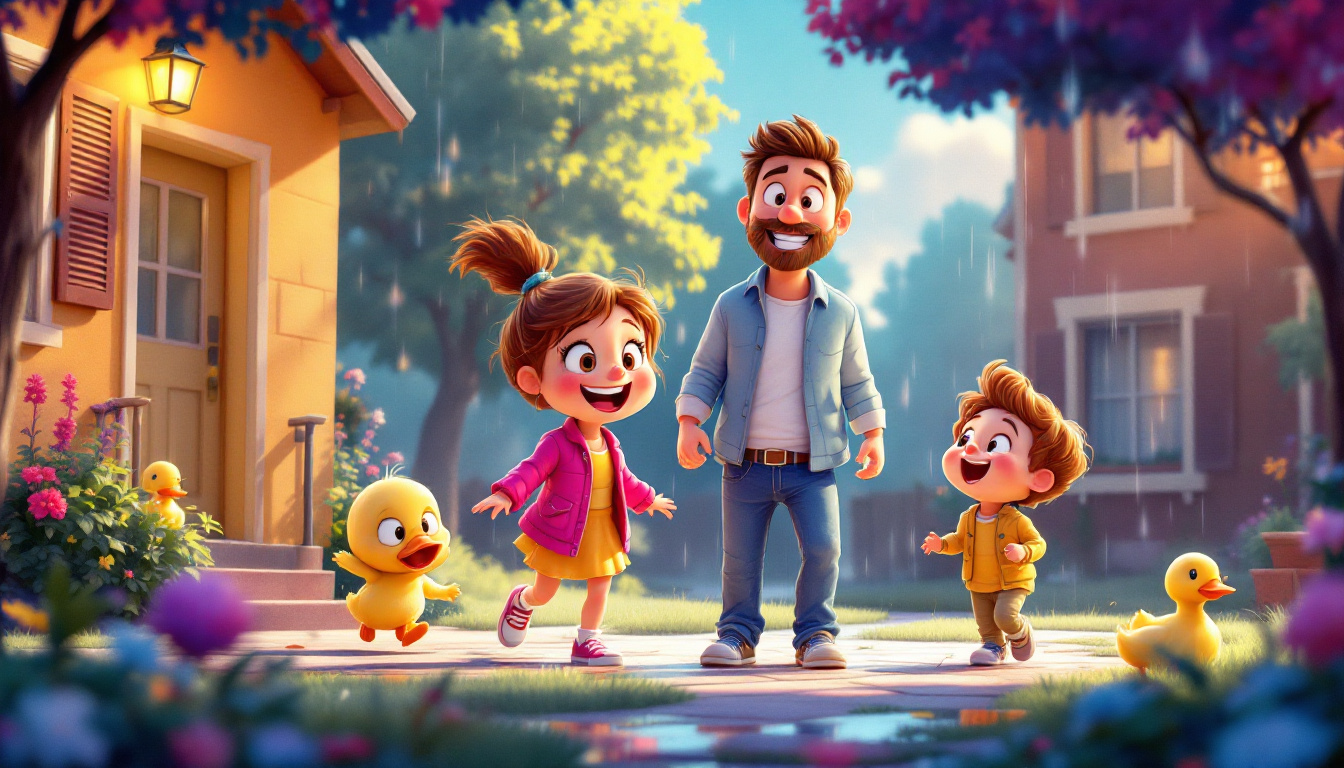 A funny and colorful illustration of the Herzblatt family, including a mom, dad, and two kids, experiencing various comedic mishaps such as being locked out of their house, running from ducks at a picnic, and playing with other children in the rain. The scene should be bright and lively, capturing the essence of family unity and fun.