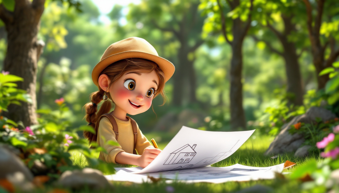 A young girl named Anja, an aspiring architect, surrounded by trees and nature, sketching blueprints for an eco-friendly house. The house is designed to blend with the environment, with green roofs and solar panels. The setting is a sunny day in a vibrant forest, emphasizing sustainability and innovation, in a children's adventure genre.