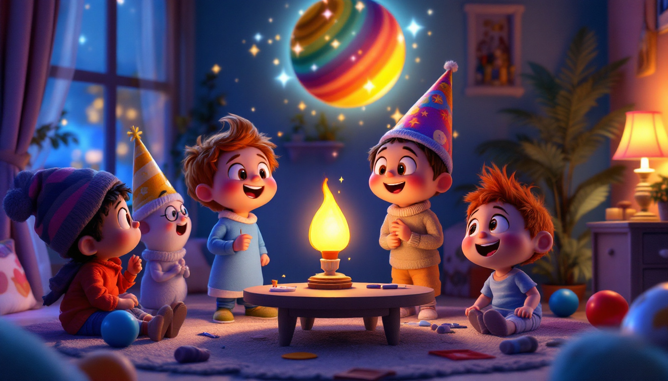 A cozy room with a small lamp named Lenny, surrounded by his joyful friends: a cheerful candle named Kasimir, a colorful floor lamp named Bruno, and a shy nightstand lamp named Luna. They are preparing decorations for Lenny's birthday party while looking excited about the starry sky outside. It’s an enchanting and heartwarming scene.