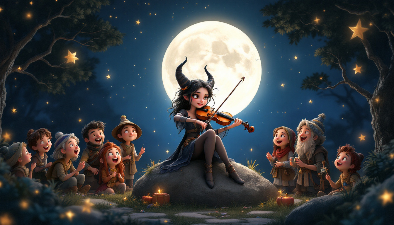 A whimsical illustration of Luna Lichtbringer, a young female vampire, sitting on a rock under a full moon, playing an old violin. Around her, villagers with joyful expressions listen attentively, surrounded by twinkling stars and shadowy trees in a magical forest setting.