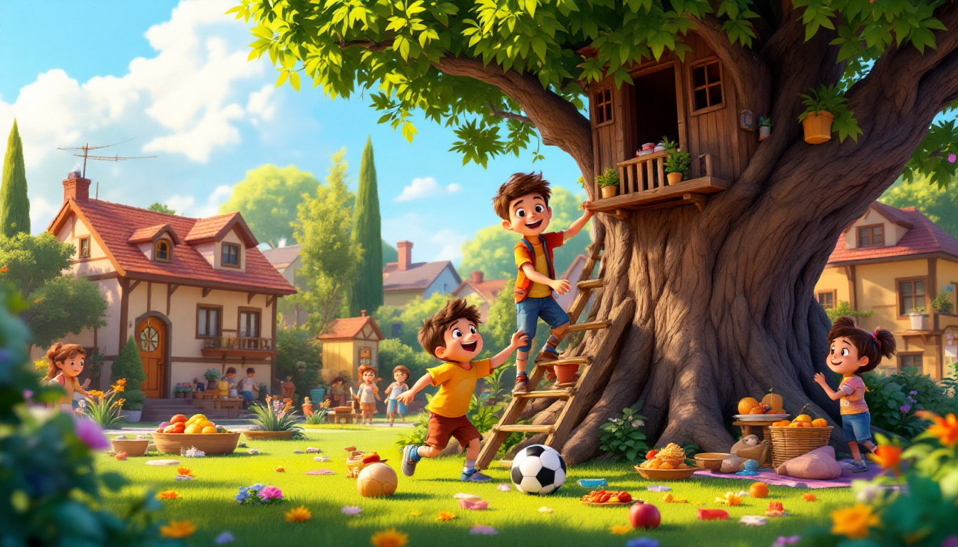 A boy named Lukas, with his younger brother Max, building a treehouse in a colorful backyard, surrounded by a vibrant neighborhood and different cultural elements; a joyful family gathering with food, and children playing soccer. Genre: Family Adventure.