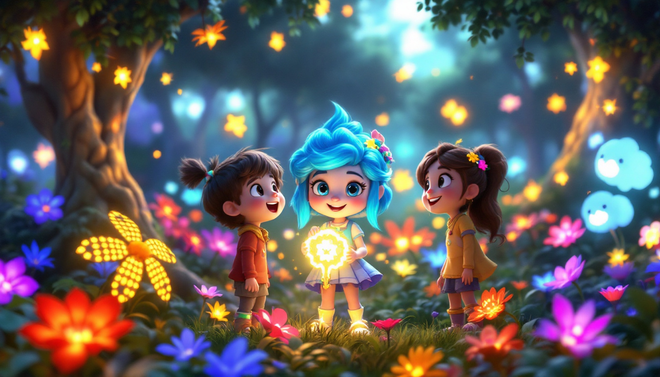 A young girl named Clara Cloud, with bright blue hair, standing in a vibrant digital forest surrounded by pixelated flowers and glowing creatures, holding a glowing key. Her friends Leo and Mia are beside her, all looking excited and determined to save their digital world, in a modern fairy tale style.