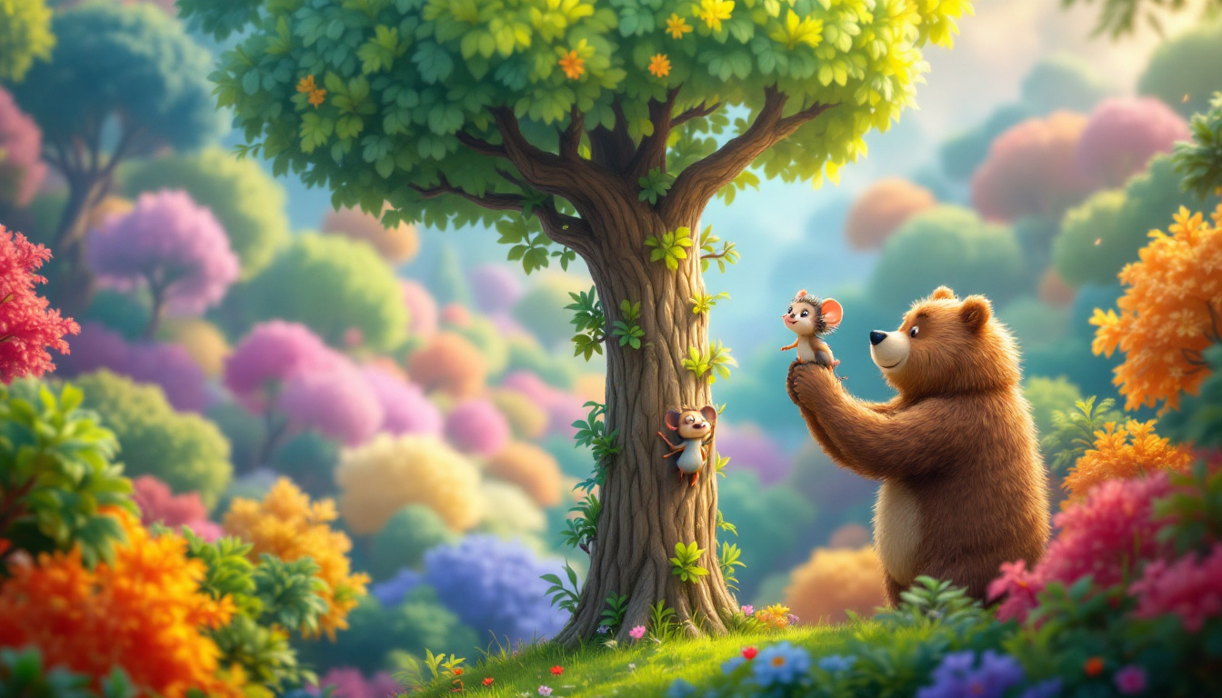 A cute little hedgehog named Iggy Igelmut, a cheerful mouse named Mimi, and a strong bear named Bruno are climbing the highest tree in a colorful forest. Iggy is excitedly looking at the beautiful view from the top, while Mimi cheers him on and Bruno holds them up. The scene captures the joy of friendship and adventure in a vibrant, magical setting.