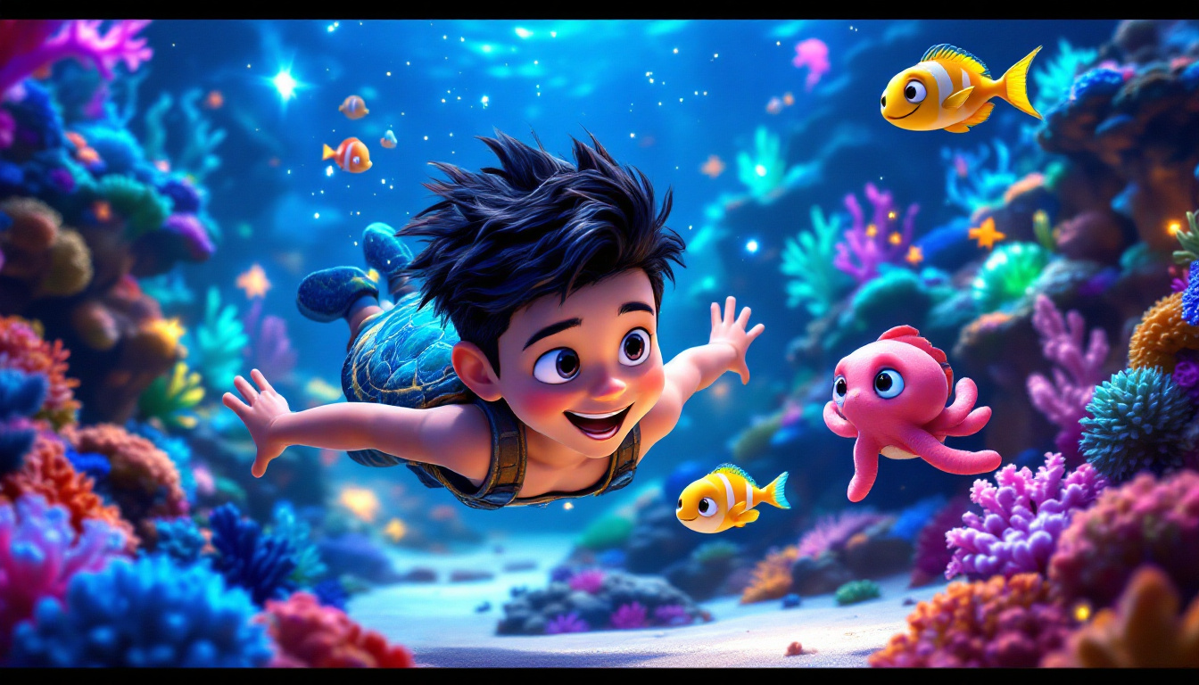A young boy named Kai, swimming in a magical underwater city filled with colorful coral and cheerful fish, accompanied by a friendly turtle and an octopus, in a vibrant atmosphere, showcasing teamwork and the beauty of the ocean, during a nighttime spectacle with sparkling lights.