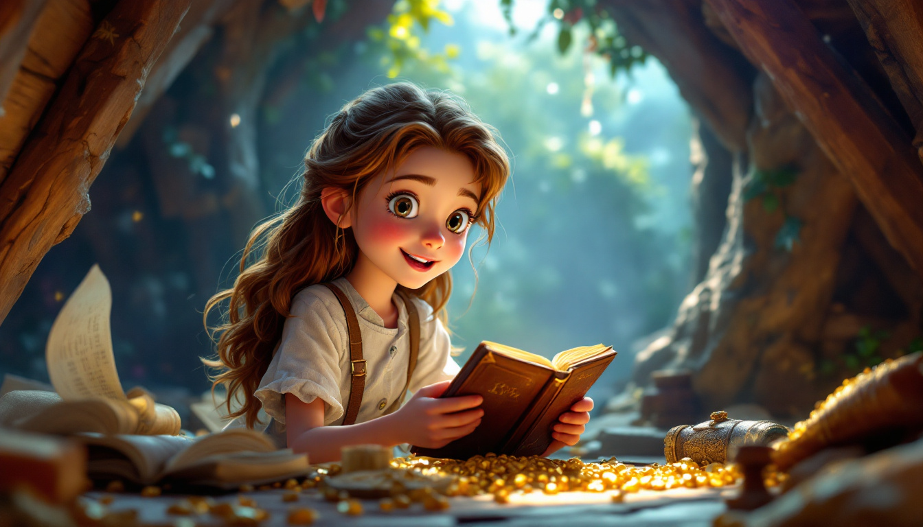 A young girl named Sophie, 12 years old, with long brown hair, exploring an attic filled with mysteries, holding an old diary with golden letters. She looks excited and curious as she discovers a hint to a hidden family treasure. The setting is magical and adventurous, reflecting the themes of courage and self-discovery.