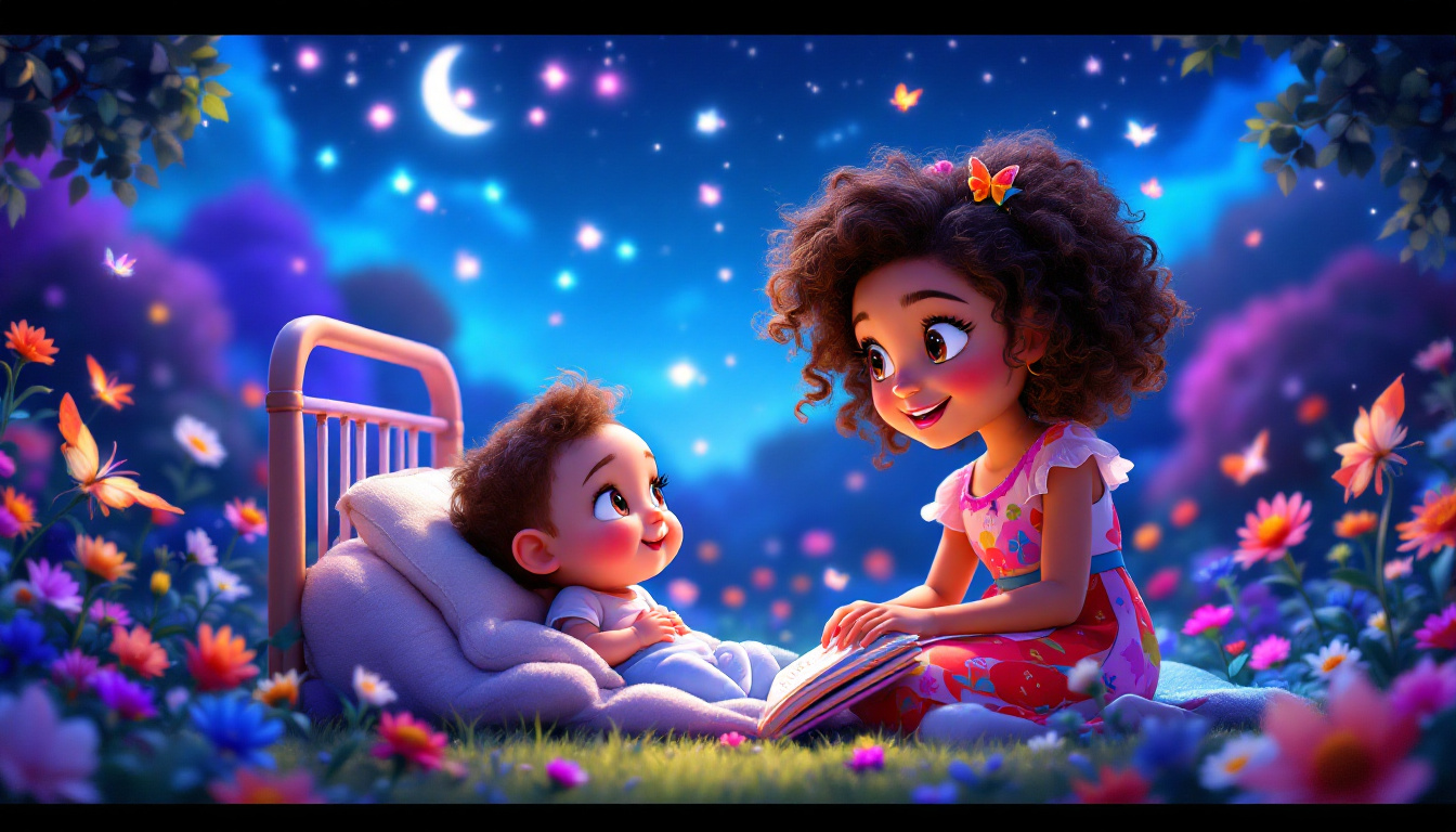 A little girl, Mia with curly hair and a colorful dress, sitting beside a baby named Lina in a crib, telling a story under a twinkling night sky in a magical garden filled with flowers and butterflies.