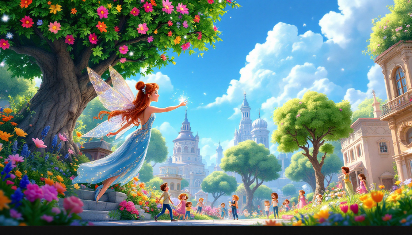 A magical fairy named Emily, with sparkling wings, transforming a dull gray city into a vibrant paradise with colorful flowers, happy children, and cheerful adults. The scene includes Emily casting a spell on a tree that blooms beautifully, with a bright blue sky above.