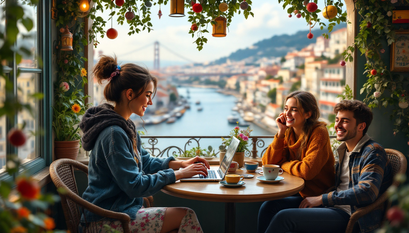 A young woman, named SL, working on her laptop in a cozy café in Lisbon, with breathtaking views of the river. The café is colorful and filled with unique decorations. Surrounding her are friends she made on her journey, representing various countries, laughing and sharing stories, all encapsulated in a joyful, adventurous atmosphere.