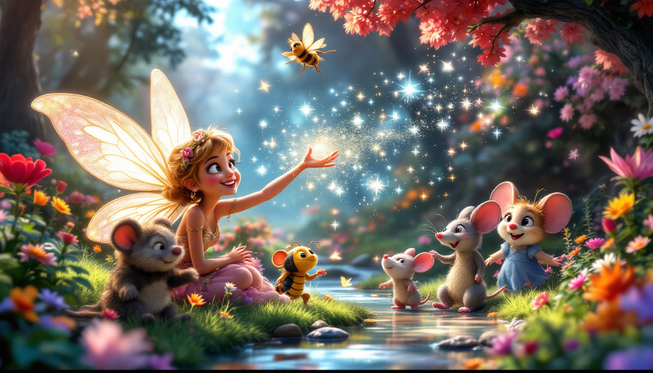 A whimsical forest setting with colorful flowers and a sparkling river, featuring Fiona Funkelfee with her shimmering wings spreading fairy dust over her friends, including Timmy the little beetle and Molly the mouse, celebrating joyfully at a magical party with dancing animals.