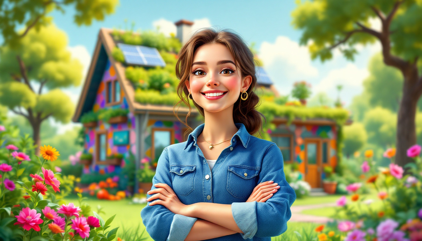 A colorful illustration of Anja Aufbau, a female architect, standing proudly in front of an eco-friendly house surrounded by nature, with her friends Leo the gardener, Mia the tech expert, and Ben the artist. The house features a green roof with vegetables, solar panels, and vibrant mosaics reflecting nature. The scene is lively and filled with flowers, sunshine, and a clear blue sky.