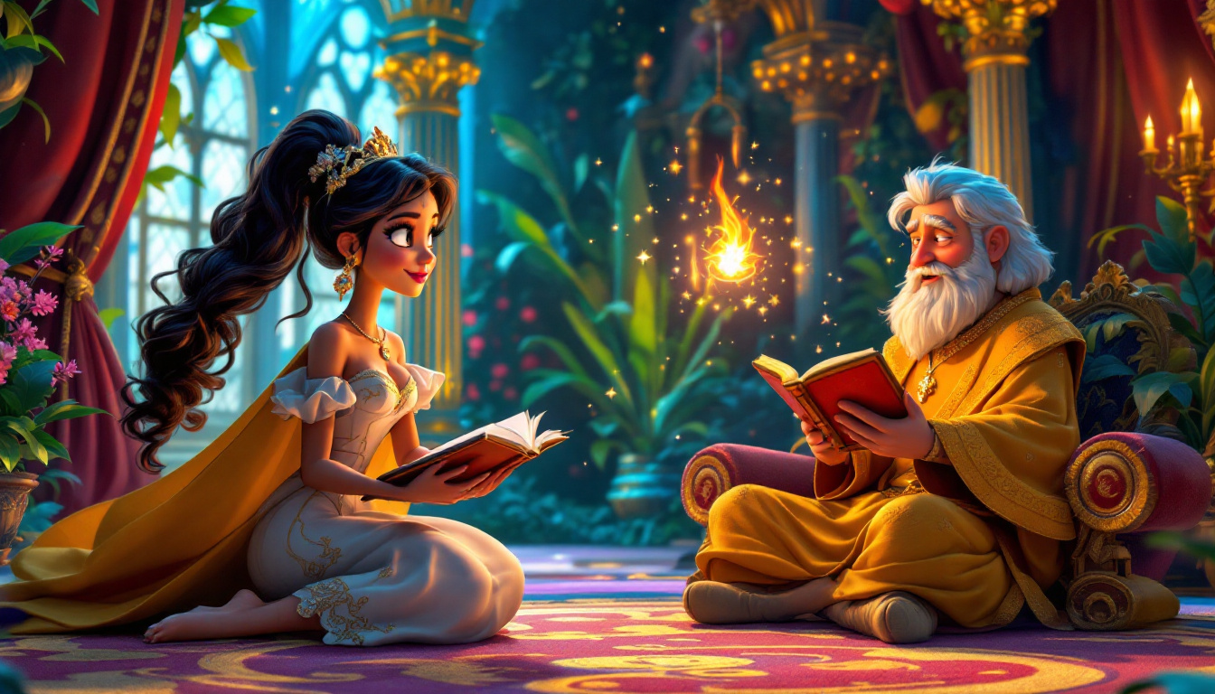 A clever female storyteller, Sheresade, in a grand royal hall, enchanting a curious king and his courtiers with a magical story about a brave frog named Ferdinand. The scene is lively, filled with colors and fantastical elements, showcasing the charm of a fairy tale.