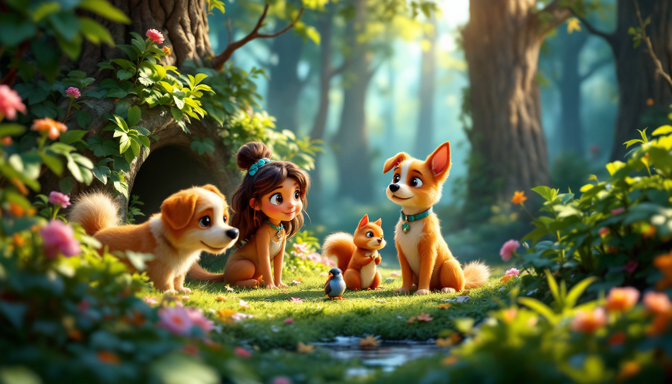 A whimsical scene in a lush forest, featuring a curious girl named Semma, her playful friends, and their two dogs, Basil the golden Labrador and Cimo the Yorkshire Terrier, as they discover a hidden squirrel and help a wounded bird. The atmosphere is magical and adventurous.