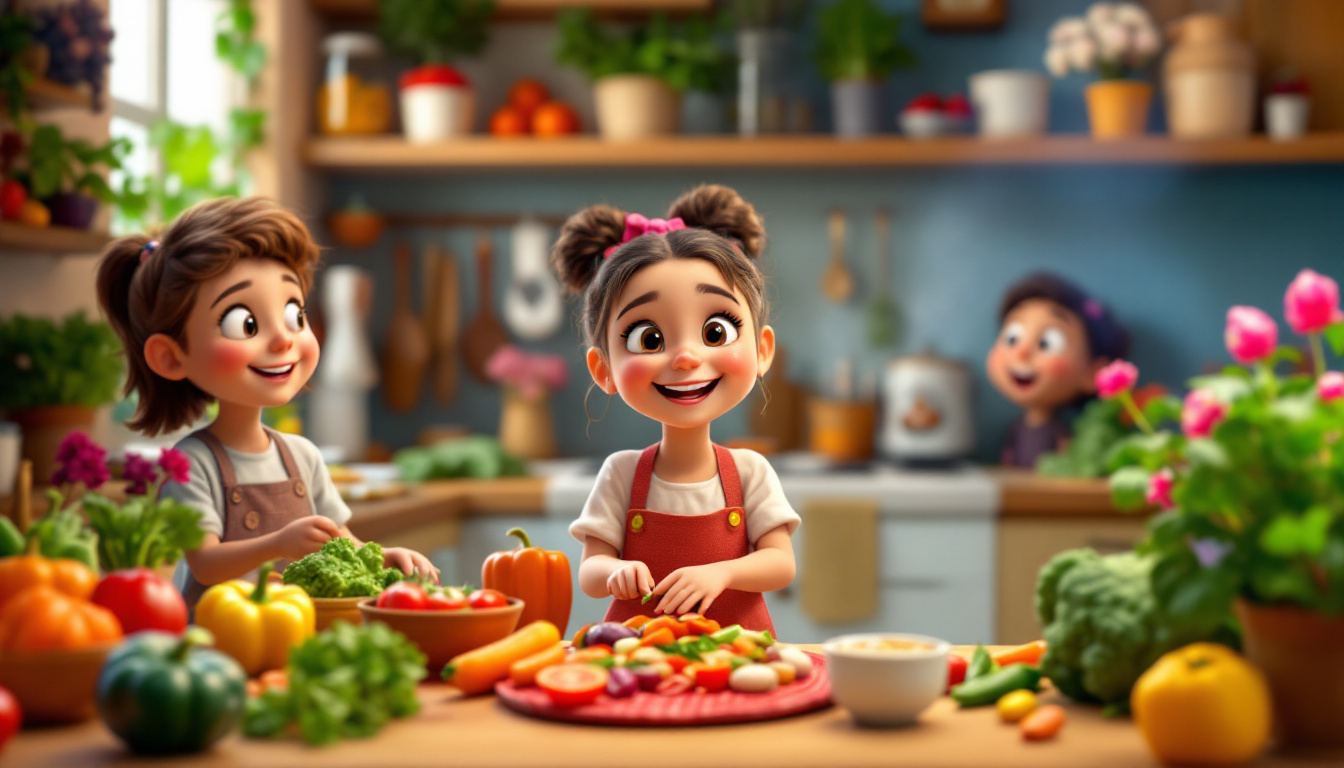A cheerful young girl named Sara cooking a colorful vegetarian meal with her family in a cozy kitchen, smiling faces all around, vibrant vegetables, and a picture of a lovely family dinner setting, illustrating the theme of respect and togetherness in a family and the joy of trying new things.
