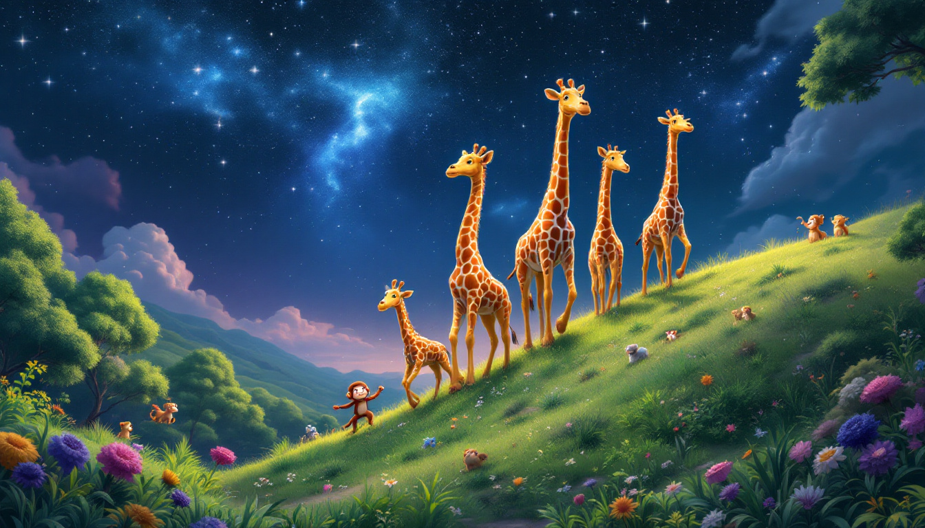 A vibrant illustration of eight tall and colorful giraffes happily walking up a steep hill under a starry night sky, accompanied by a friendly monkey leading the way. In the background, the lush green of the conservation center can be seen, with other animals playing joyfully.