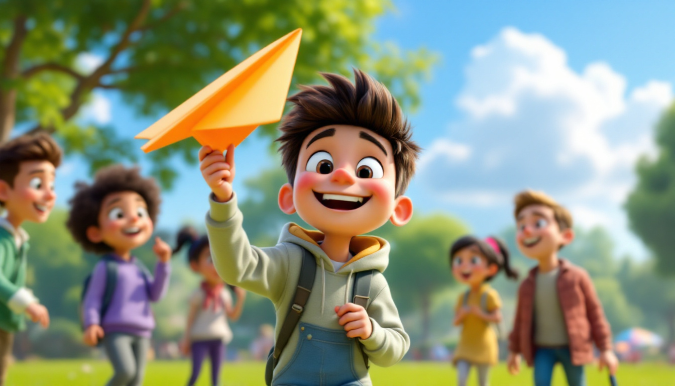 A cheerful young boy named Paul Propeller is holding a bright orange paper airplane, surrounded by his friends in a sunny park. They are excitedly waiting to have a paper airplane flying contest on a green grassy field with trees and clouds in the background, expressing joy and friendship. The scene captures the moment before they launch their paper airplanes.